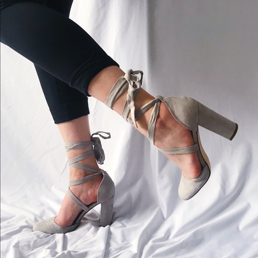 JUSTFAB Lace Up Heels in Gray